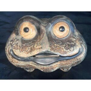Ceramic Frog Coin Bank Hand Painted Smiling Face Big Eyes Feed Mouth Vintage